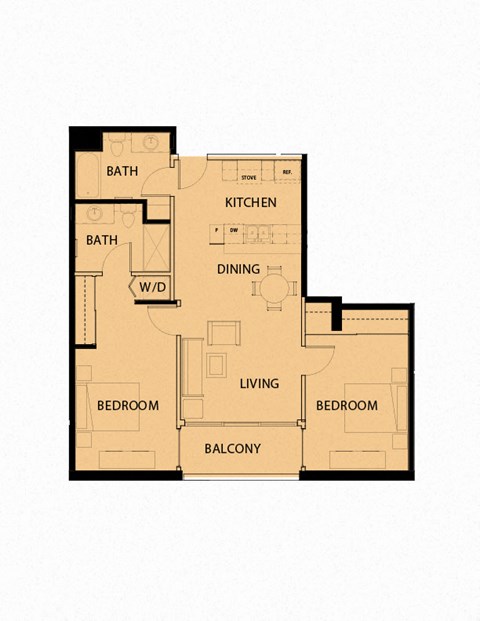 Floor plan for 2 beds, 2 baths, 1037 sqft